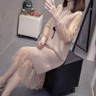Long-sleeve Mock Two-piece Midi Lace Dress