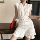 Set: Dotted V-neck Knit Vest + A-line Skirt Set - White - One Size