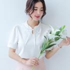 Frill Trim Bow Short-sleeve Stand Collar Loose-fit Chiffon Plain Blouse