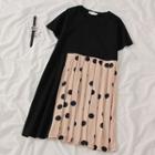 Short-sleeve Dotted Paneled Midi A-line Dress