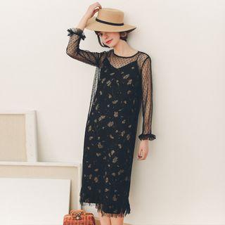 Set: Long-sleeve Dotted Mesh Dress + Floral Print Spaghetti-strap Dress
