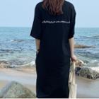 Letter Embroidered Elbow-sleeve Midi T-shirt Dress