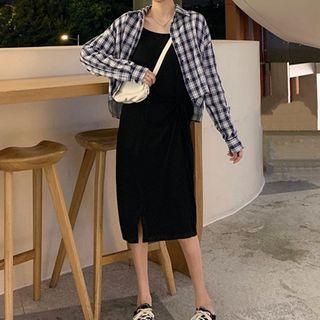 Plaid Shirt / Spaghetti Strap Midi Shift Dress