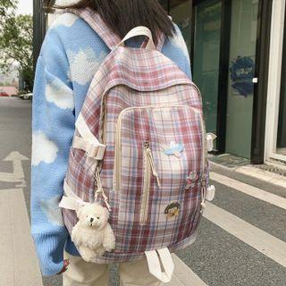Set: Plaid Nylon Backpack + Pin + Bag Charm