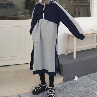 Stand Collar Color Block Midi Pullover Dress Gray & Dark Blue - One Size