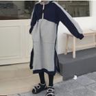 Stand Collar Color Block Midi Pullover Dress Gray & Dark Blue - One Size