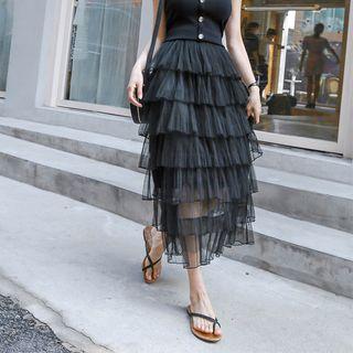 Ruffle-tiered Long Tulle Skirt