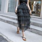 Ruffle-tiered Long Tulle Skirt