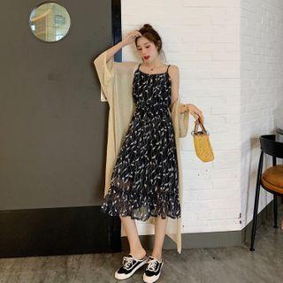 Set: Spaghetti Strap Printed Midi A-line Dress + Light Cardigan