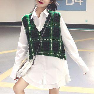 Long Sleeve Plain Shirt Dress + Plaid Tank Top