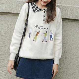 Long-sleeve Embroidered Checker Collar Knit Polo Shirt