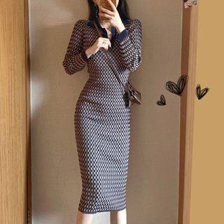Patterned Polo-neck Midi Knit Dress