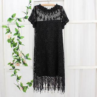 Short-sleeve Fringe Trim Lace Dress