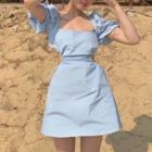 Short-sleeve Square-neck A-line Dress Blue - One Size