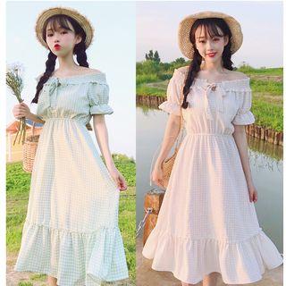Plaid Off-shoulder Midi A-line Dress