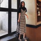 Set: Short-sleeve Blouse + Spaghetti Strap Plaid Dress