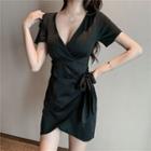 Short-sleeve V-neck Tie-waist Mini Bodycon Dress