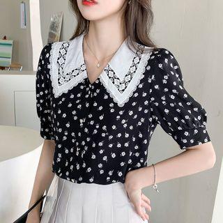 Puff Sleeve Lace Collar Floral Print Chiffon Blouse