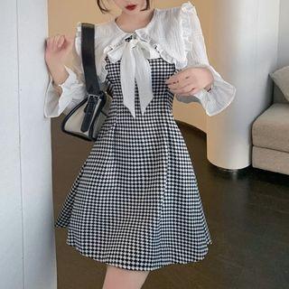 Bell-sleeve Gingham Panel Mini A-line Dress