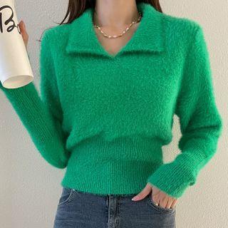 Open-placket Woolen Knit Top