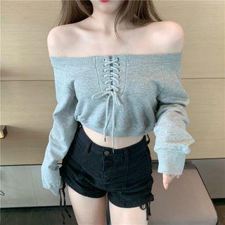 Off-shoulder Lace Up Cropped Sweatshirt