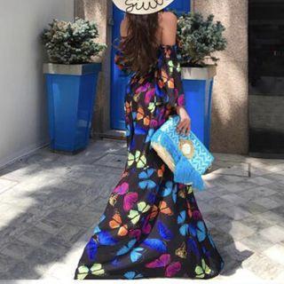 Cold Shoulder Butterfly Print Jumpsuit