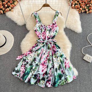 Sleeveless Floral Print Tie Waist Dress