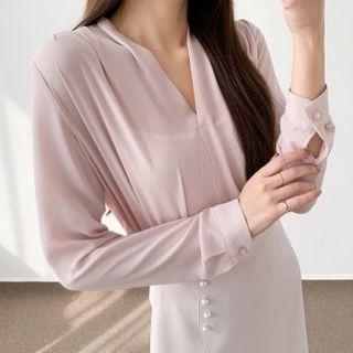 V-neck Shirred-shoulder Chiffon Blouse