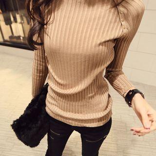 Turtleneck Long-sleeve Rib-knit Top Light Coffee - One Size