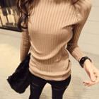 Turtleneck Long-sleeve Rib-knit Top Light Coffee - One Size