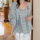 Set: Tie-front Plaid Cardigan + Sleeveless Top Mint Green - One Size