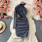 Long Sleeve Cold Shoulder Drawstring Sheath Dress