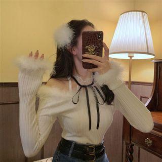 Fluffy Trim Cold-shoulder Knit Top