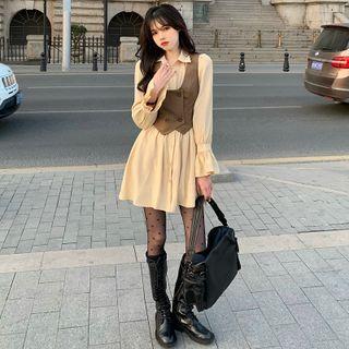 Long-sleeve Shirt Dress / Sleeveless Double Breasted Top