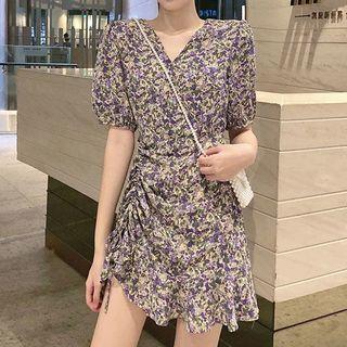 Short-sleeve Flower Print Drawstring Mini Dress
