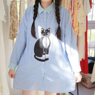 Cat Embroidered Striped Long-sleeve Shirt Dress