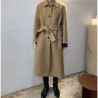 Single Breast Woolen Long Coat Camel - One Size