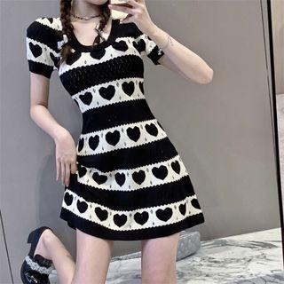 Short-sleeve Striped Heart Print Knit Mini A-line Dress White & Black - One Size