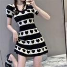 Short-sleeve Striped Heart Print Knit Mini A-line Dress White & Black - One Size
