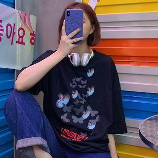 3/4-sleeve Butterfly Printed T-shirt