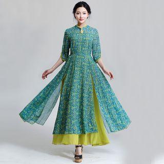 Elbow-sleeve Print Layered A-line Maxi Dress