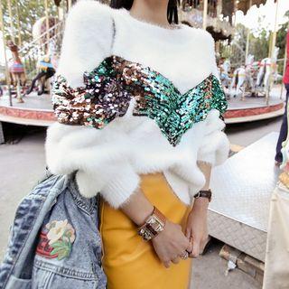 Sequined Panel Sweater White - One Size