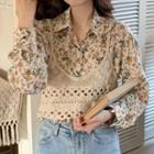 Long-sleeve Floral Print Chiffon Shirt / Spaghetti Strap Knit Top