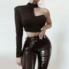 Long-sleeve Mock-neck One-shoulder Top