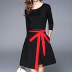 Elbow-sleeve Color Block Mini A-line Dress