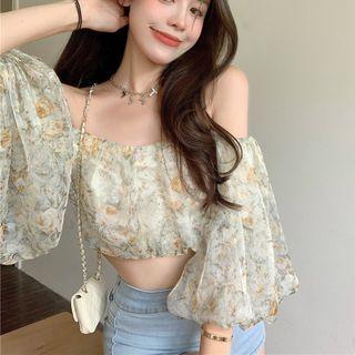 Off-shoulder Flower Print Crop Top Tangerine & Grayish Green Floral - Beige - One Size