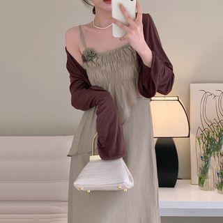 Spaghetti Strap Midi A-line Dress / Open-front Cardigan (various Designs)
