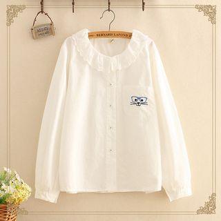 Cat Embroidered Pocket-front Long-sleeve Shirt As Shown In Figure - One Size