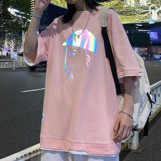 Mock Two-piece Short-sleeve Cap Print T-shirt