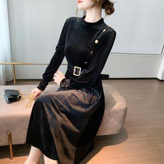 Long-sleeve Plain Velvet Midi A-line Dress